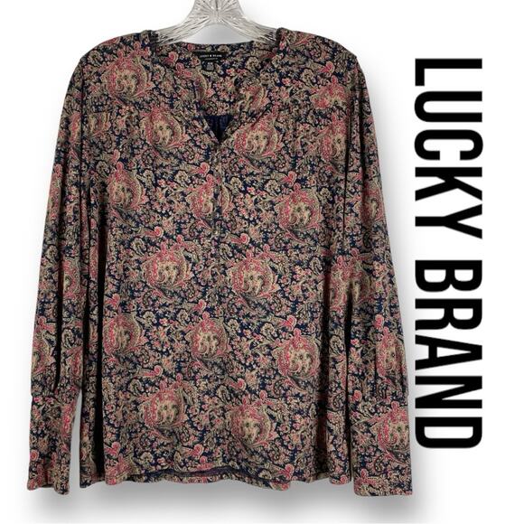 Lucky Brand Tops - Lucky Brand Paisley Henley Top Floral Navy Long Sleeve Womens Size Medium